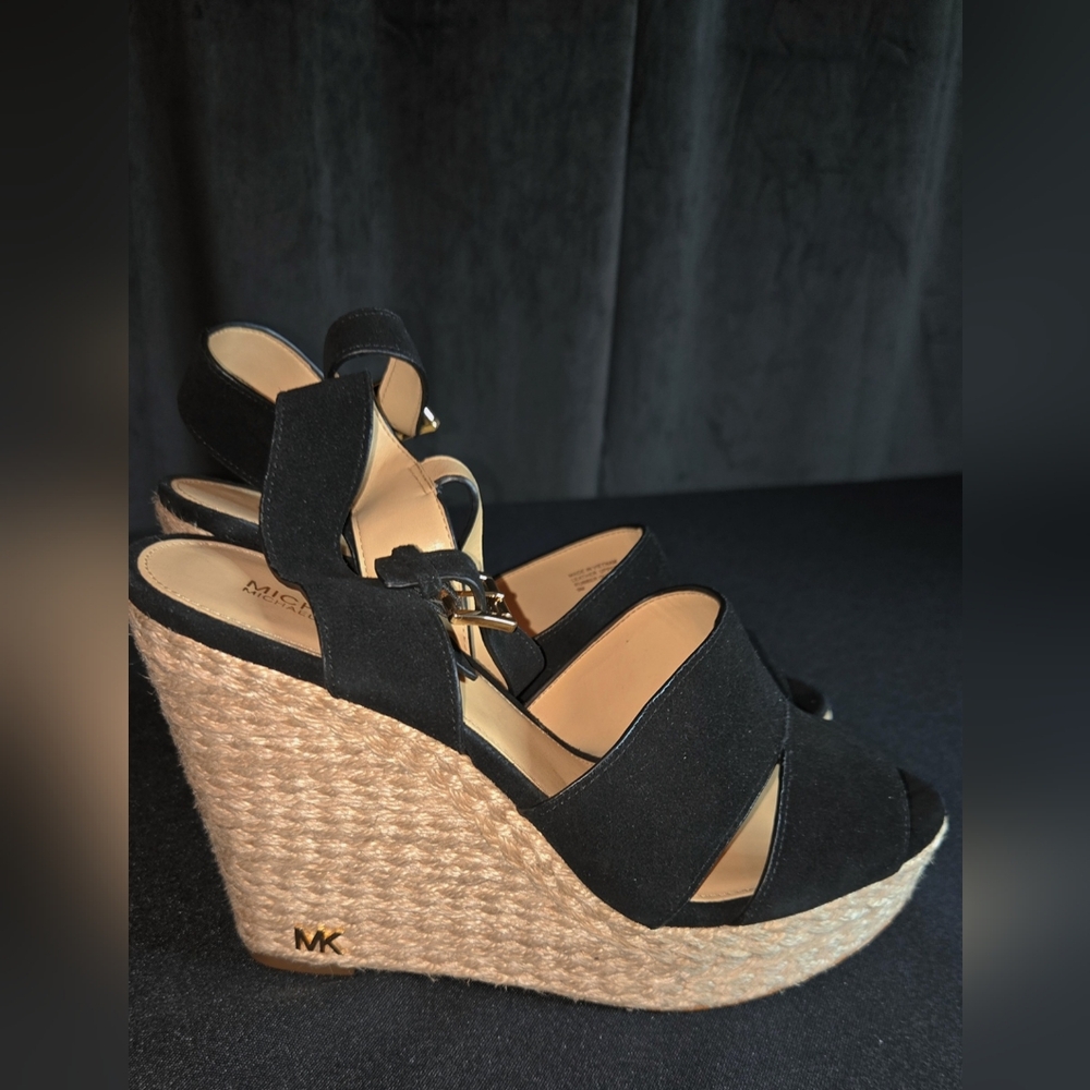 Michael Kors Black and Tan Wedge Sandals